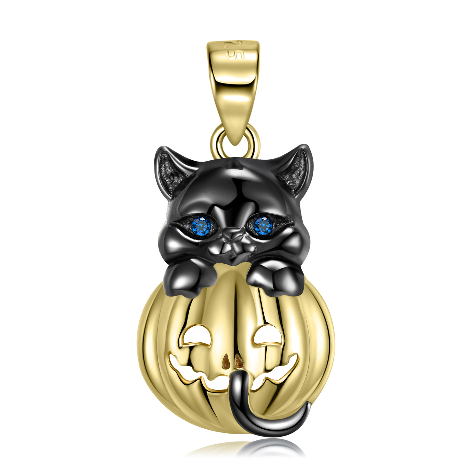 Cz Gold Plated Black Cat Pumpkin Pendanat Sterling Silver Necklace