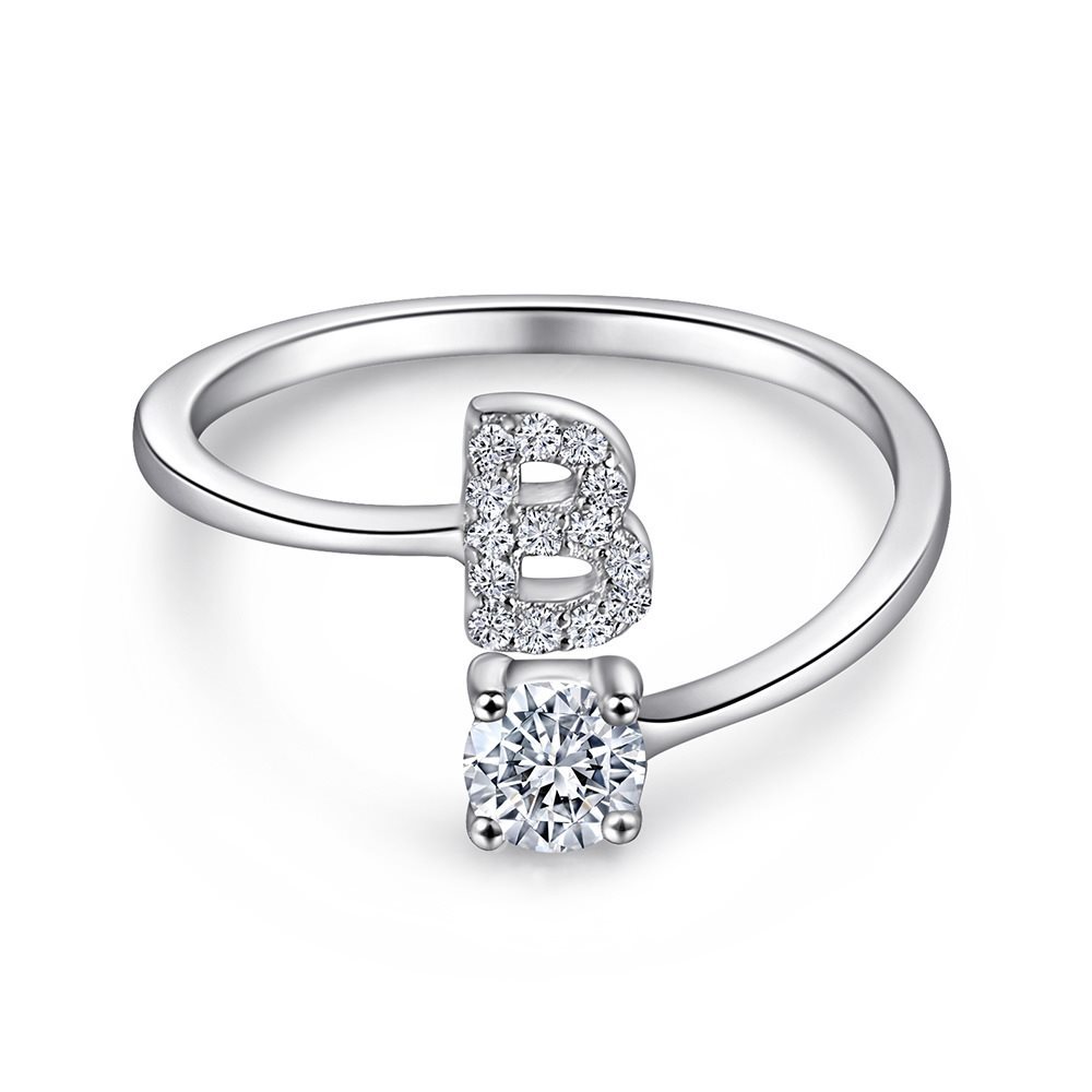 A-Z26 Cz English Letter B Open  Sterling Silver Ring