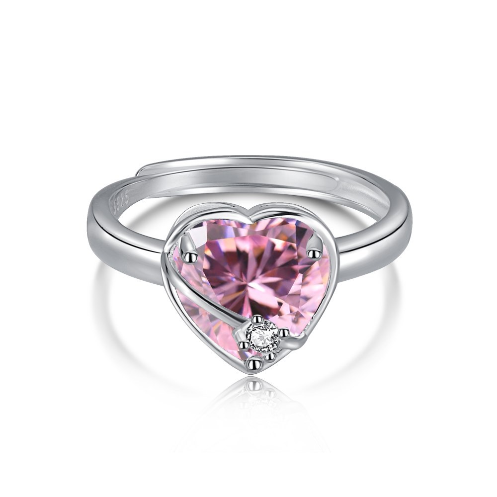 Pink Heart Ring 925 Sterling Silver Double Diamond CZ Waterproof Waterdrop Heart Ring 7